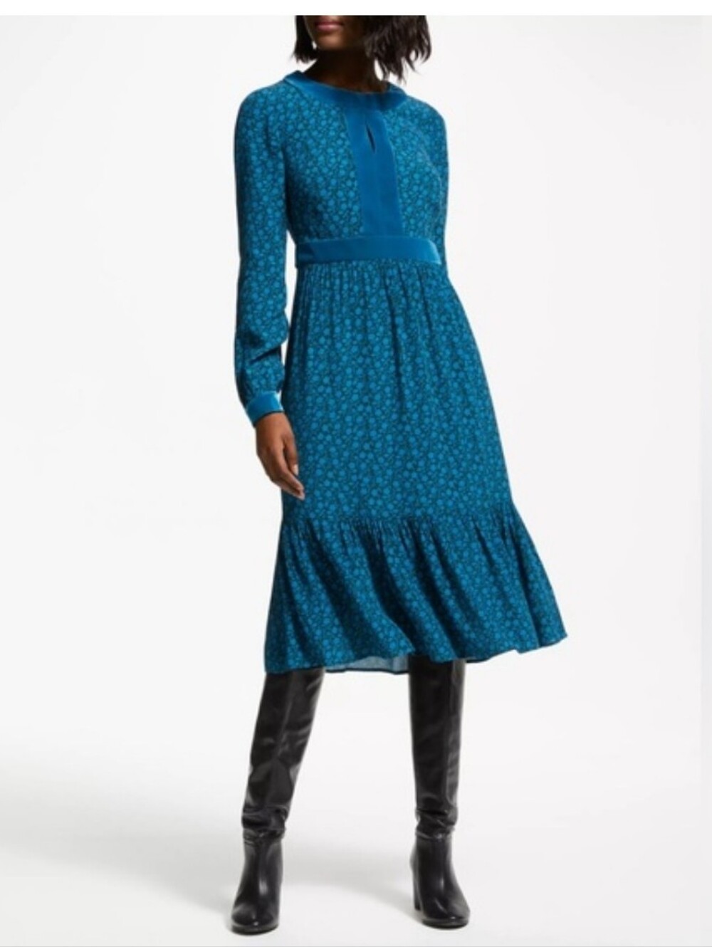 Boden Annabelle Blue Velvet Long Sleeve Midi Dress Size 8